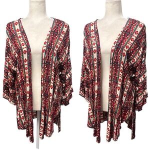 Vtg Womens Kimono Cardigan Kaftan Aztec Multicolor Boho Size M Open Front Wester